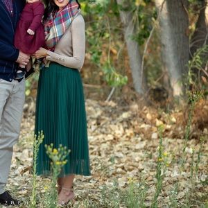 Green Pleated Tulle Midi Skirt
